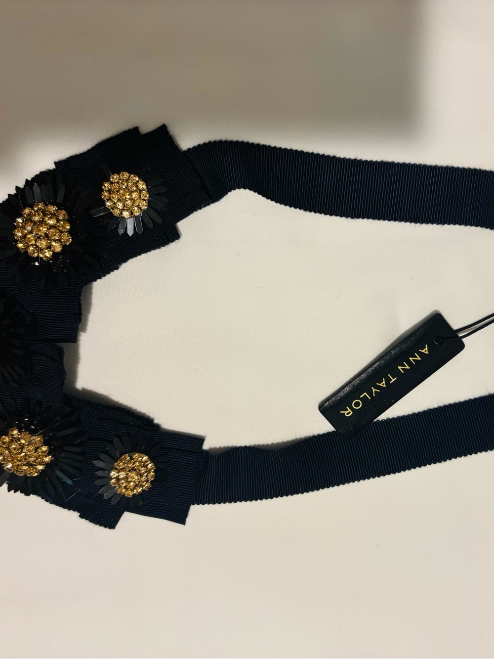 Ann Taylor Navy Ribbon Belt with Gold Crystal Floral Accents